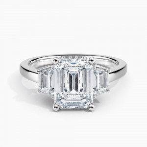 Under Halo Three Stone Lab Grown Diamond Engagement Ring 1.50 ct. Center Emerald Lab Grown Diamond with Lab Grown Trapezoid Side Stones in 14K White Gold