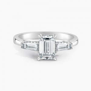Under Halo Three Stone Lab Grown Diamond Engagement Ring 1.00 ct. Center Emerald Lab Grown Diamond with Lab Grown Tapered Baguette Side Stones in 14K White Gold