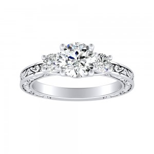 Three Stone Round Lab Grown Diamond Engagement Ring 1.00 ct. Center in 14K White Gold