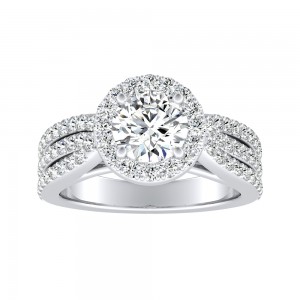 Halo Three Row 1.00 ct. Center Round Lab Grown Diamond Engagement Ring in 14K White Gold