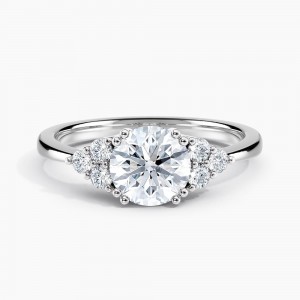 Dainty Three Stone Diamond Engagement Ring with  1.00 ct. Center Round Lab Grown Diamond in 14K White Gold